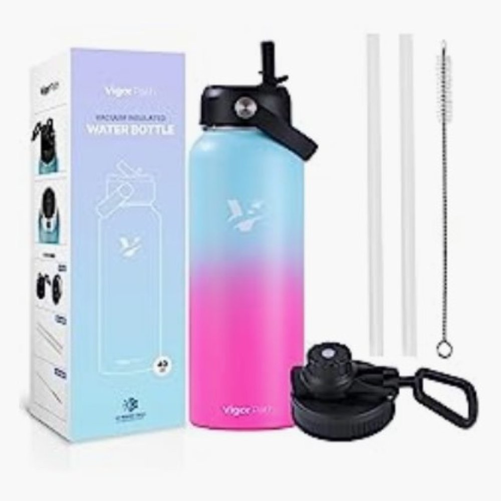 Large Stainless Steel Water Bottle - Leak Proof w/ 2 Lids